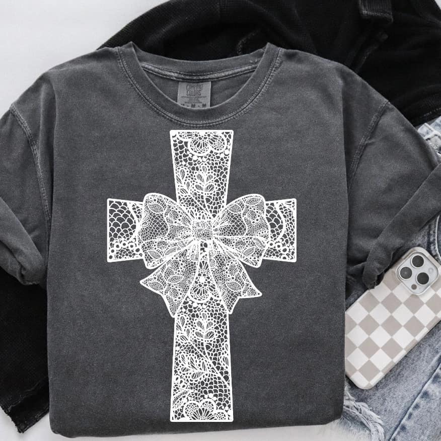 Lace Cross WHITE INK Screen Print