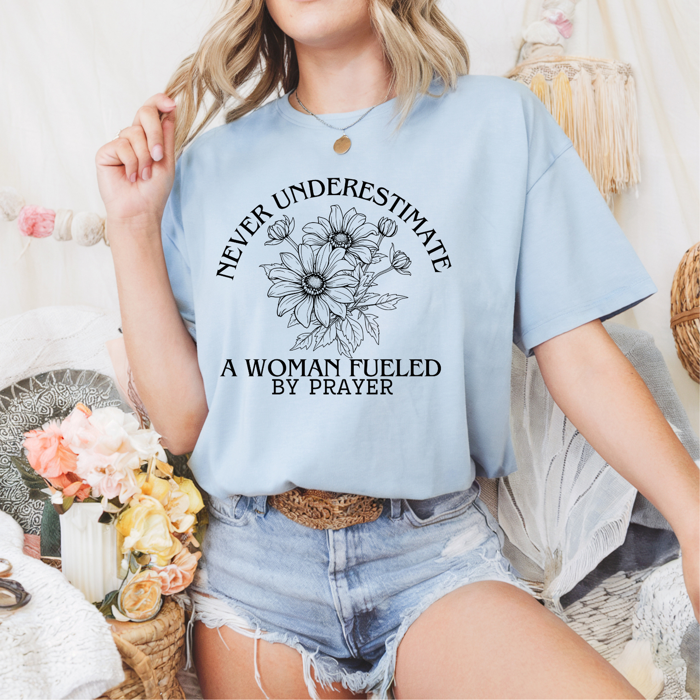 Never Underestimate a Woman Fueled by Prayer BLACK INK Screen Print