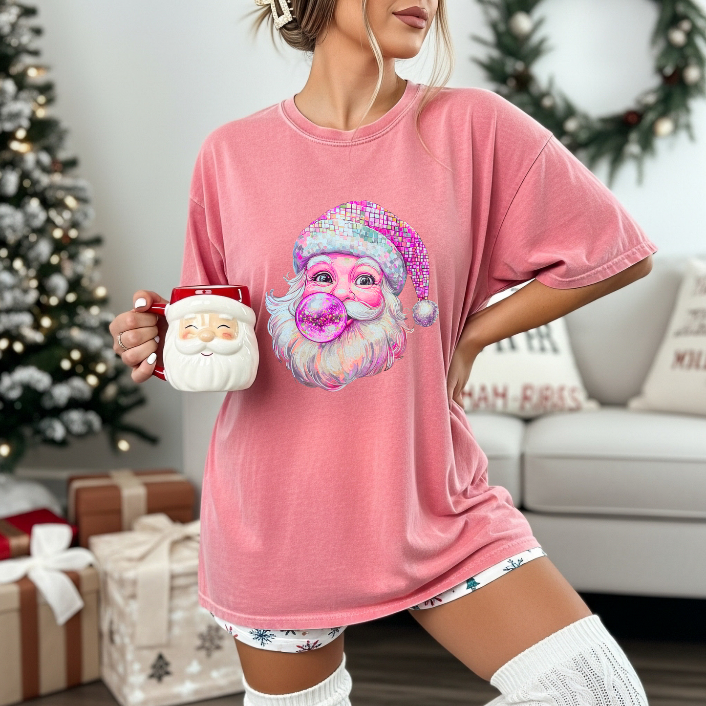 GLITTER Pink Santa Clear Film Screen Print