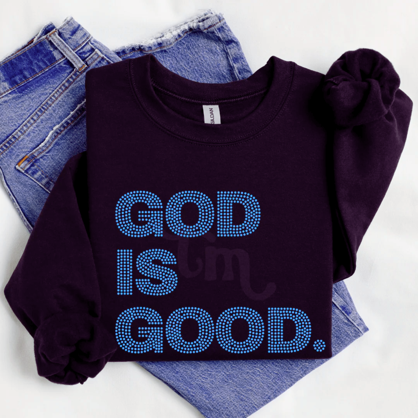 God is Good. Spangles Transfer BLUE HOLOGRAPHIC COLOR