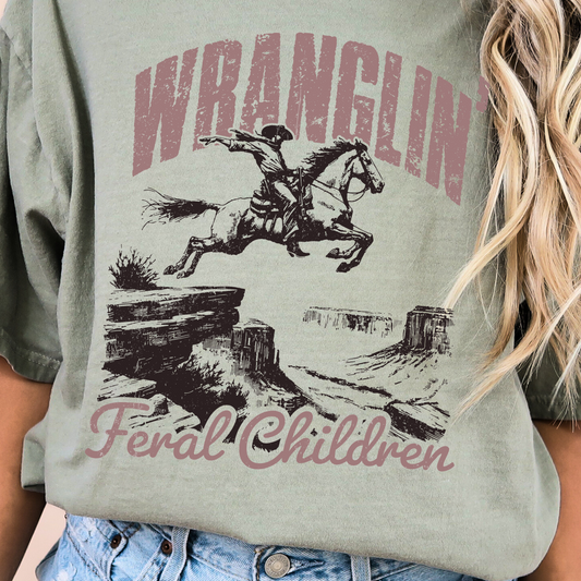 Distressed Wranglin Feral Children Western Graphic Tee