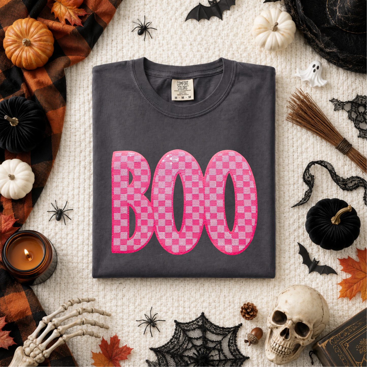 Pink Checkered Boo Sequin Patch