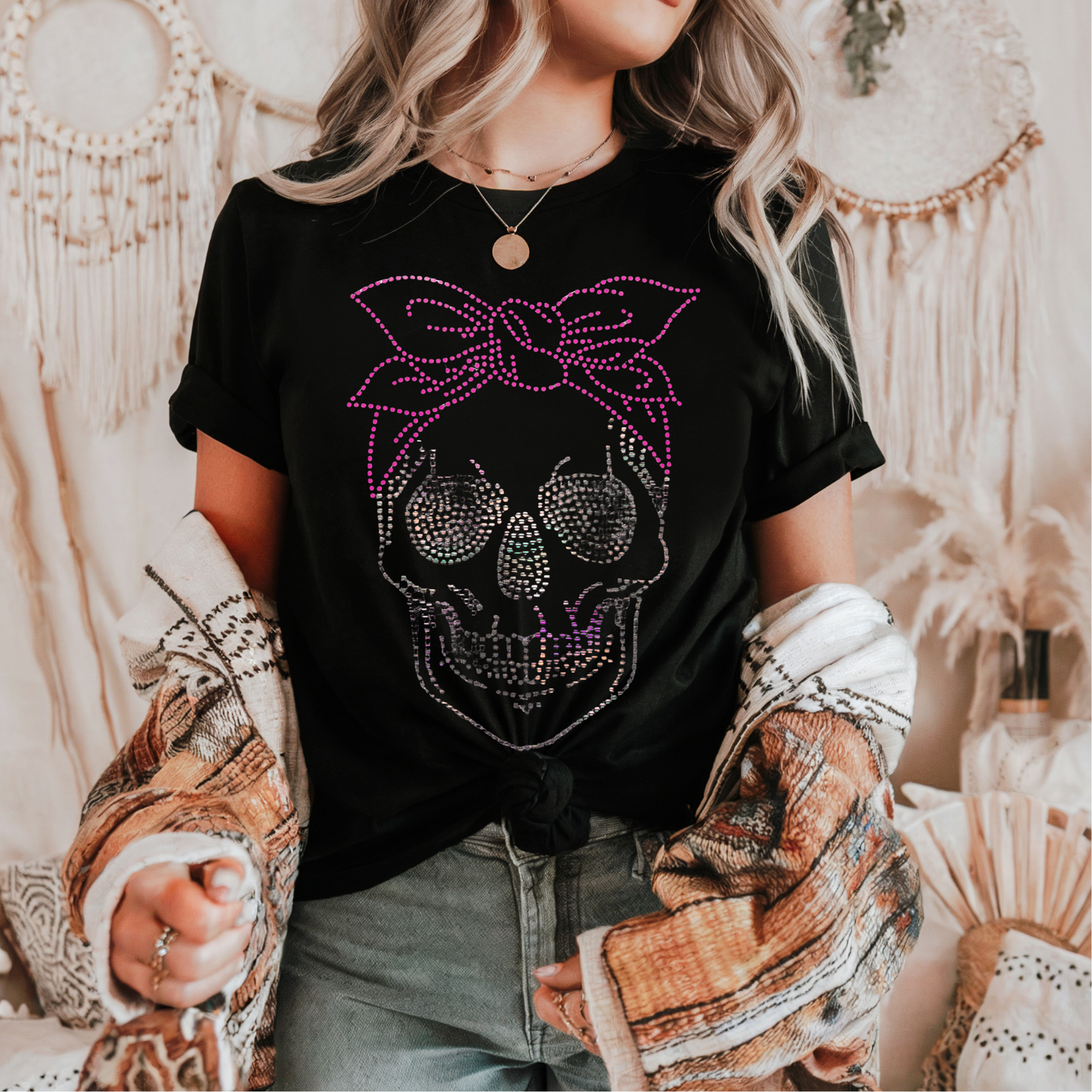 Pink Bow Skull Spangles Transfer