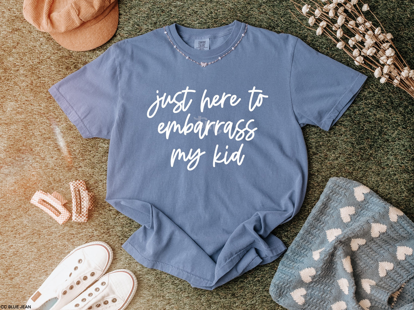 Just Here to Embarrass my Kid WHITE INK Screen Print