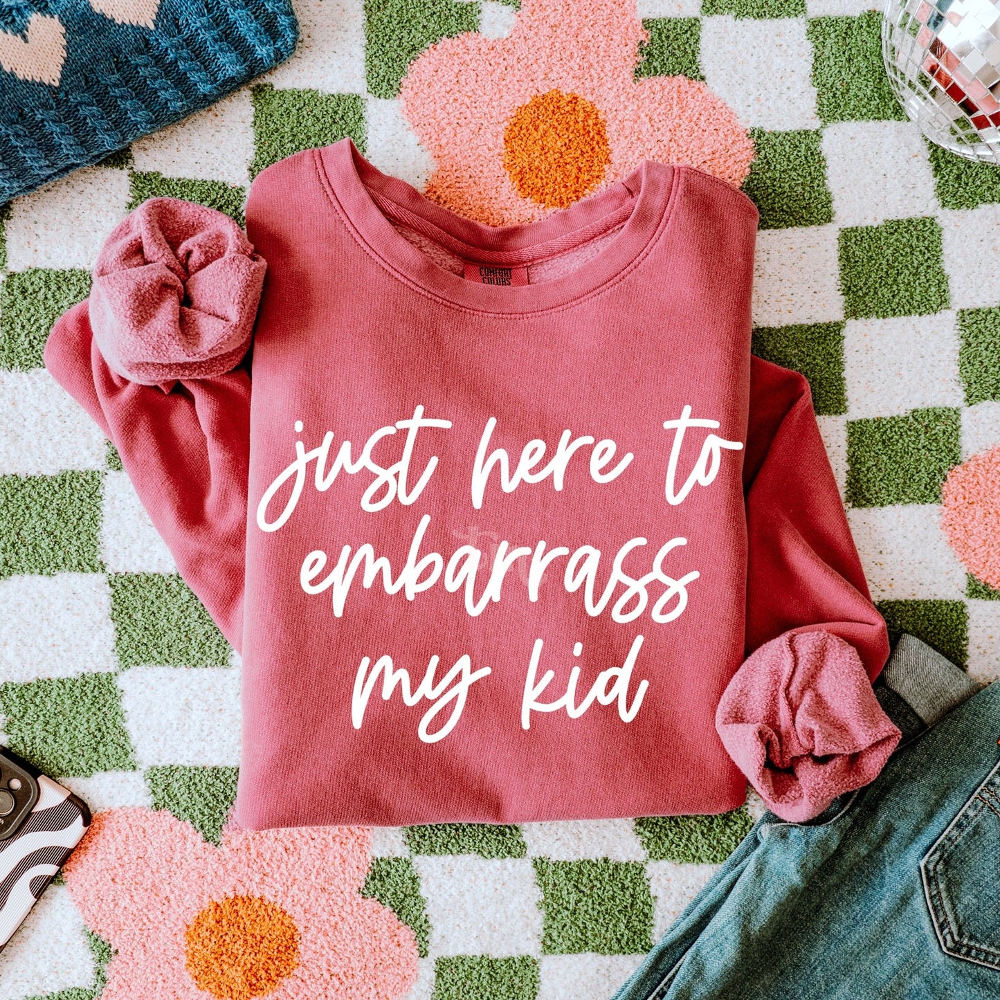 Just Here to Embarrass my Kid WHITE INK Screen Print