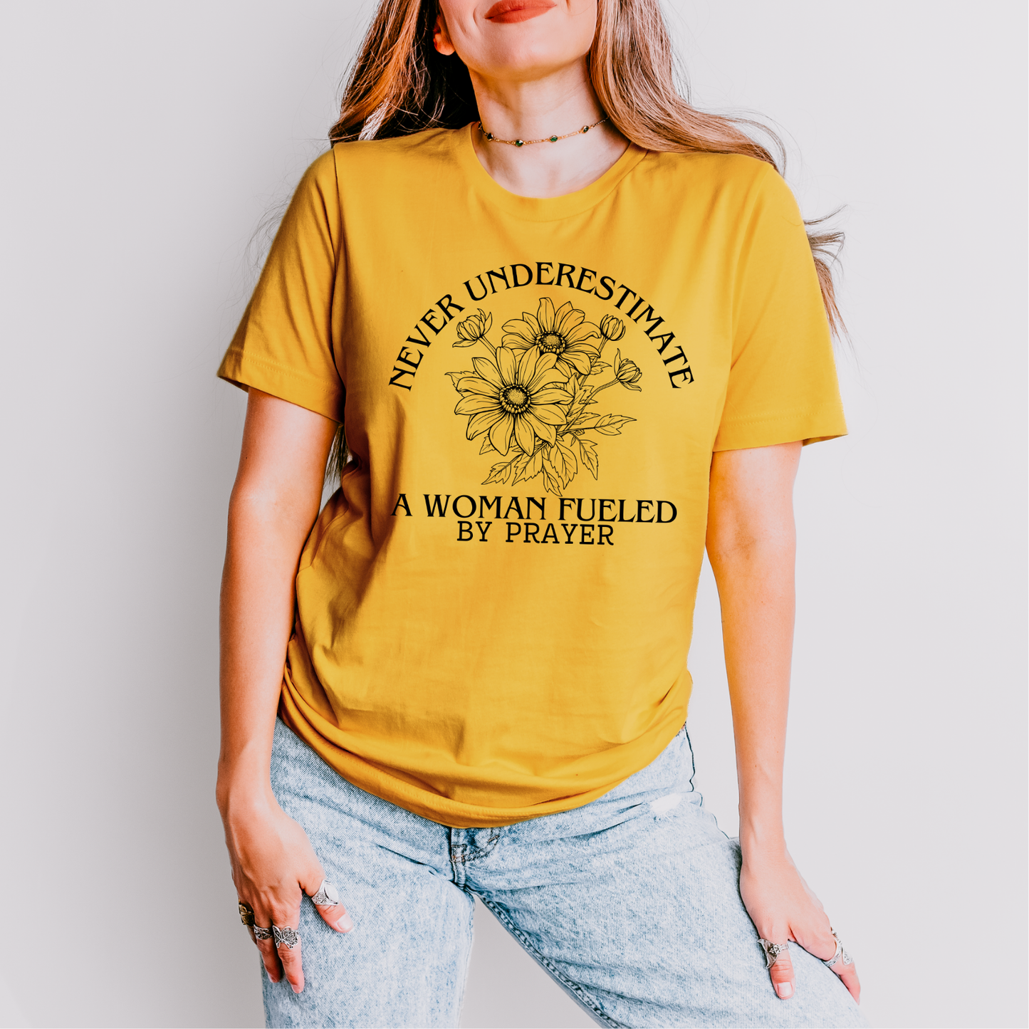 Never Underestimate a Woman Fueled by Prayer BLACK INK Screen Print