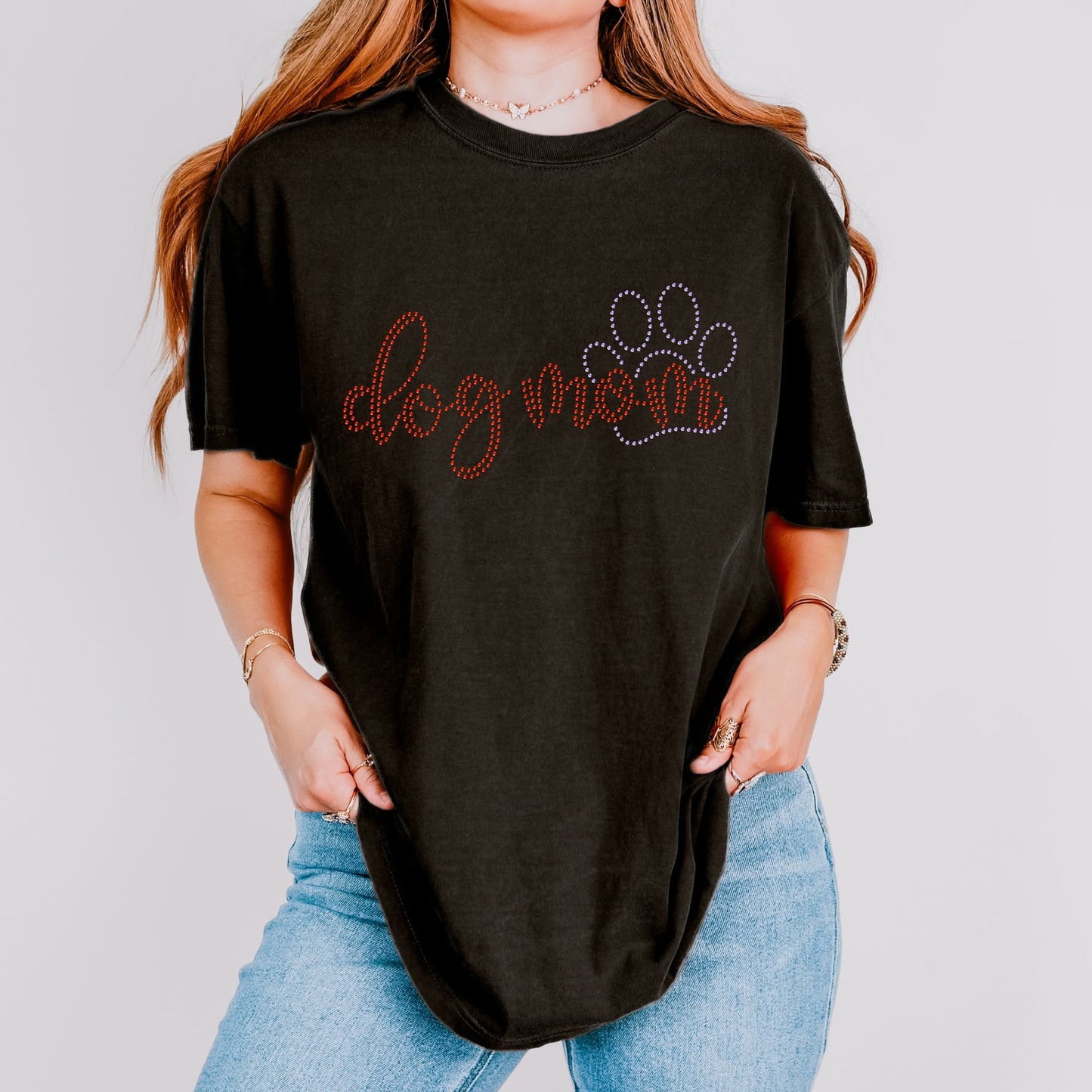 Dog Mom RED & CRYSTAL AB COLOR Rhinestone Transfer