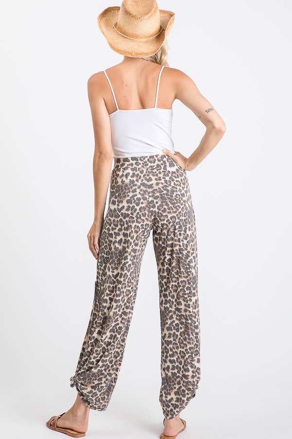 Leopard Print Lightweight Split Side Tie Pants