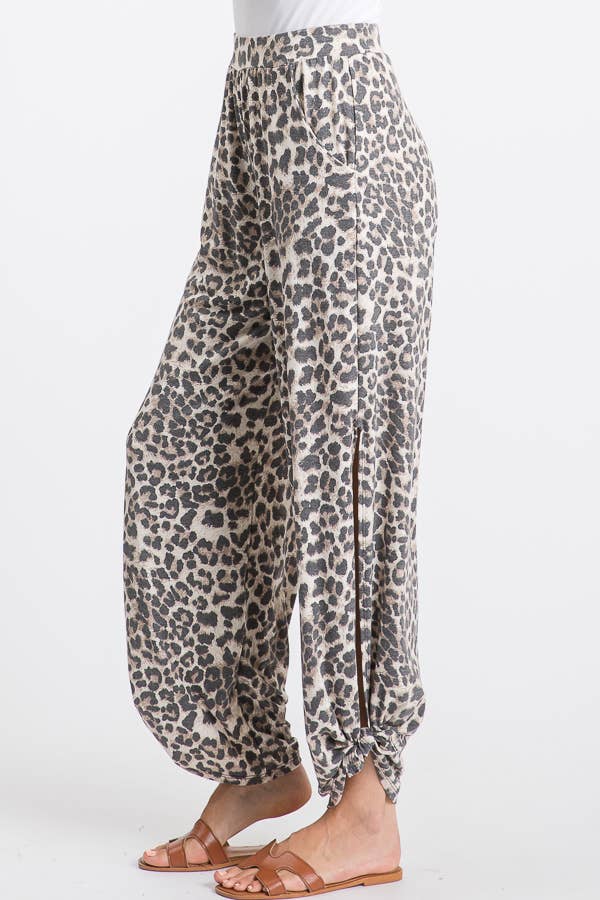 Leopard Print Lightweight Split Side Tie Pants