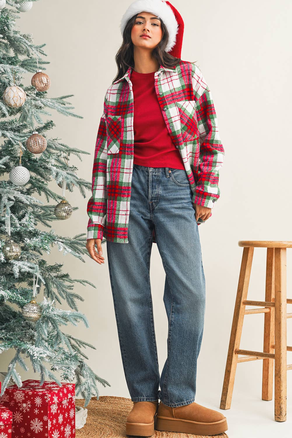 Christmas Plaid Casual Flannel Shacket