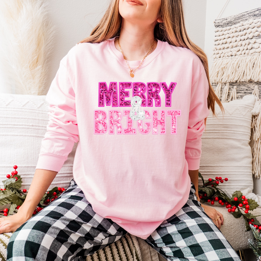 Glitter Print Pink Merry & Bright Graphic Tee