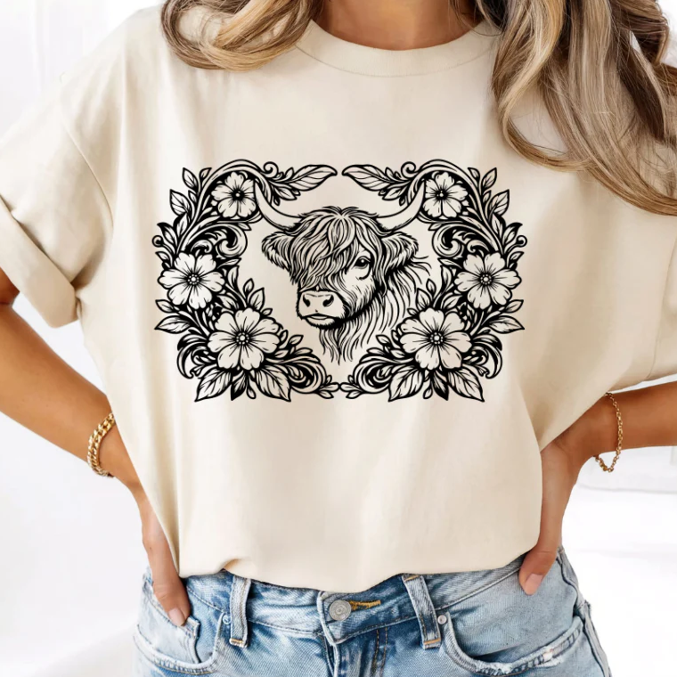Western Floral Cow Screen Print