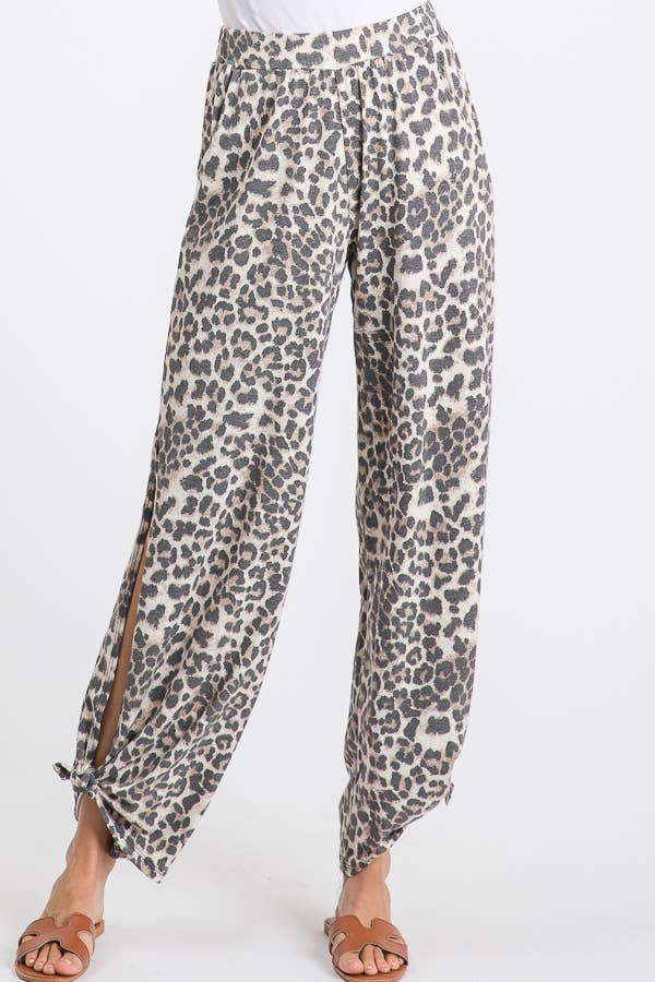 Leopard Print Lightweight Split Side Tie Pants