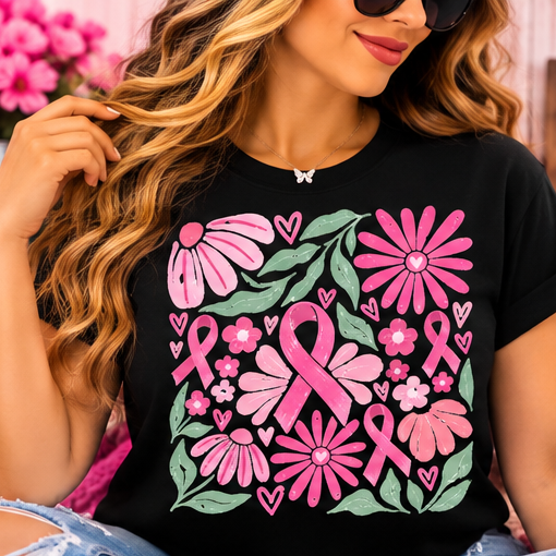 Floral Breast Cancer Awareness DTF Transfer Shirt
