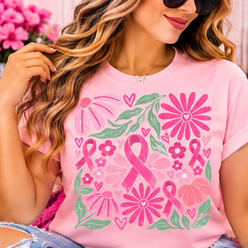 Floral Breast Cancer Awareness DTF Transfer Shirt