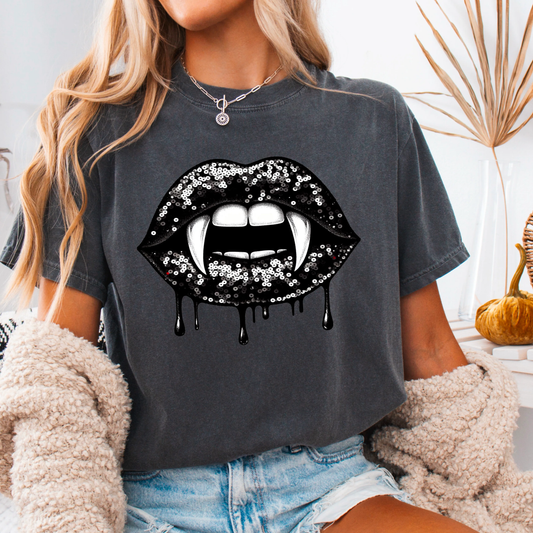 Faux Sequin Vampire Mouth Graphic Tee